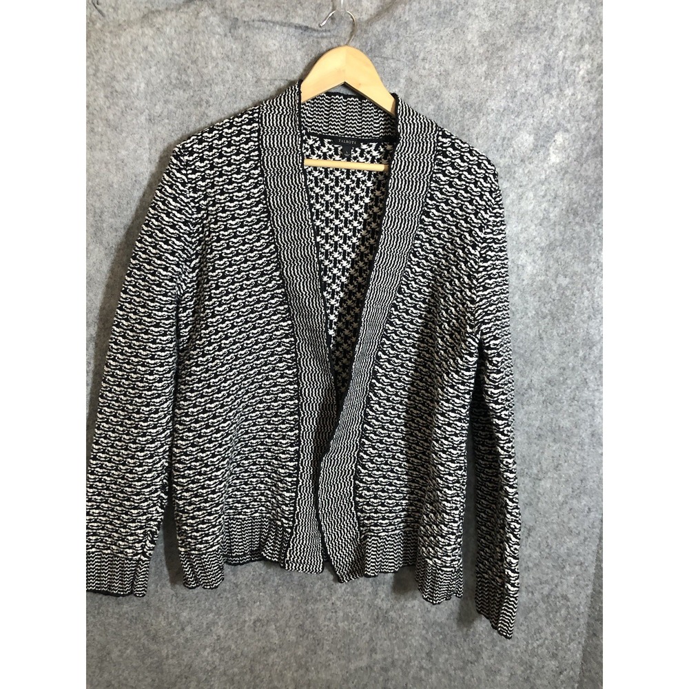 Talbots Sweater Large Black White Cardigan Chunky Knit Open Front Career Classic